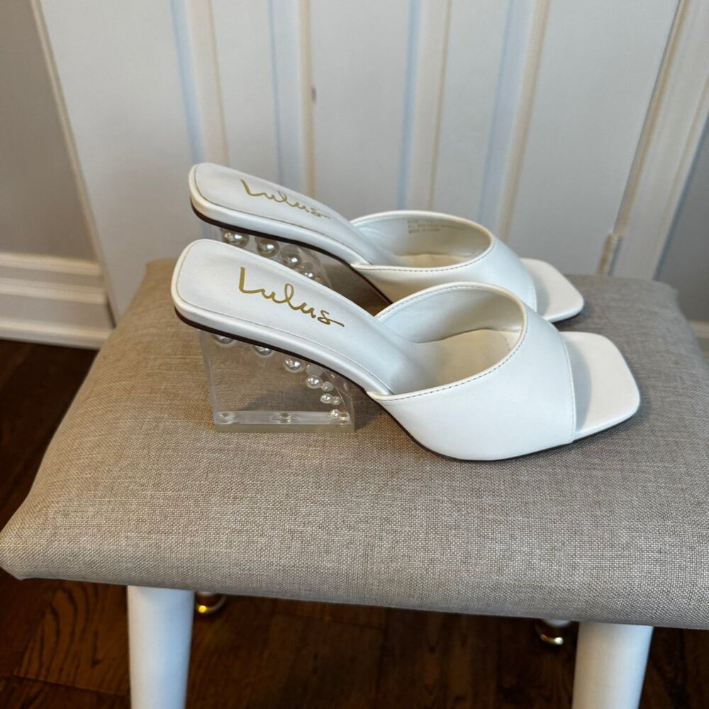 White Pearl Square Toe High Heel Sandals